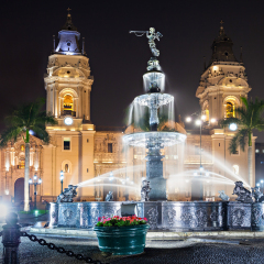 The Basilica Cathedral of Lima at night, it is a Roman Catholic cathedral located in the Plaza Mayor in Lima, Peru