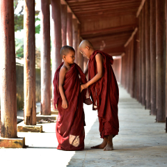 Three Monks walking on ancient temple, Bagan Myanmar , The children Monks walking on ancient temple, The young monk myanmar Bagan Myanmar Buddhist novice little monk stay, Myanmar.