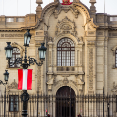 Peruvian flags at traditional at presidential palace, in Lima, Peru (FIESTAS PATRIAS)