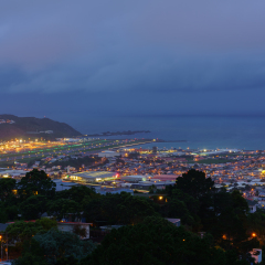 Scenery from Mount Victoria lookout at dusk viewing Wellington Airport's runway in Wellington , capital of New Zealand , North Island of New Zealand