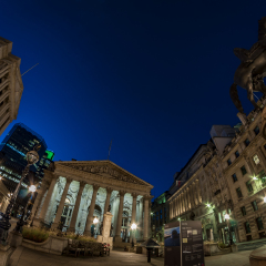 The Royal Stock Exchange at night, City of London, England, UK
