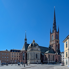 Sunny day view to one of main Stokholm landmarks Riddarholm Church (Riddarholm Kyrka) on Riddarholmen island also known as Knights Islet.