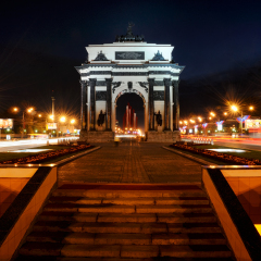 MOSCOW, RUSSIA -  Triumphal Arch on Kutuzov Avenue shining anew after renovation in honor of 200 anniversary of the battle at Borodono against Napoleon Army (1812-2012).