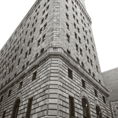 Federal Reserve Bank in New York City's financial district in downtown Manhattan.  In black and white.