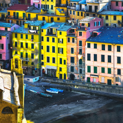 Vernazza village, church and buildings aerial view. Seascape in Five lands, Cinque Terre National Park, Liguria Italy Europe. Long Exposure.