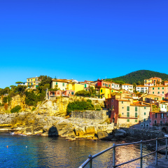 Tellaro sea village seafront or promenade. Five lands, Cinque Terre, Liguria Italy Europe.
