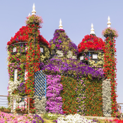 amazing colorful Castle on the hill of flowers in the Miracle Garden park, Dubai, United Arab Emirates