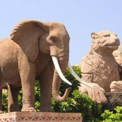 Elephant and Leopard on The Bridge of Time facing the Entertainment Centre, Sun City, Africa