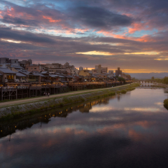 Old house and restaurant in Kamo river or kamogawa river at sunset, Gion, Kyoto, Japan