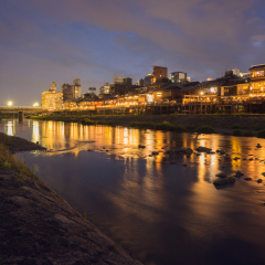 Old house and restaurant in Kamo river or kamogawa river at sunset, Gion, Kyoto, Japan