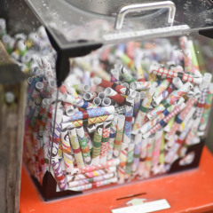 winning ticket, lottery ticket in lucky draw box in Japan. O-mikuji (fortune prediction)  a strips of paper at shinto shrines and buddhist temple in Japan. Hoping the fortune to be good. 