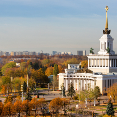 Autumn view of Central Pavilion and Central Avenue at the Exhibition of Achievements of the People's Economy in Moscow, Russia 