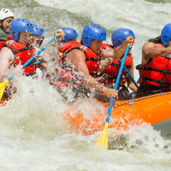WHITE WATER RAFTING TEAM IN BRIGHT SUNLIGHT, PASTAZA RIVER, ECUADOR, SANGAY NATIONAL PARK 
