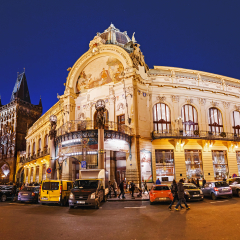 DECEMBER 2017, PRAGUE, CZECH REPUBLIC: Municipal House and Powder tower at night