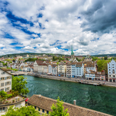 Aerial view of Zurich old town and River Limmat from Lindenhof in Zurich, Switzerland.