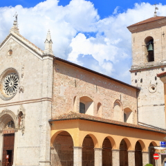 Stone building of St Benedict church in Piazza San Benedetto, Norcia, region of Umbria, Italy