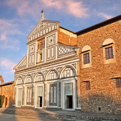 Florence, Tuscany, Italy: medieval Basilica San Miniato al Monte (St. Minias on the Mountain). It is one of the finest Romanesque architectures in Tuscany and one of the most scenic churches in Italy
