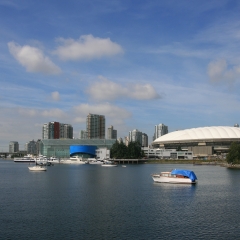 False Creek, including the Edgewater Casino and BC Place stadium, in downtown Vancouver, British Columbia, Canada.