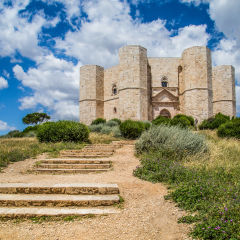 Beautiful view of Castel del Monte, the famous castle built in an octagonal shape by the Holy Roman Emperor Frederick II in the 13th century in Apulia, southeast Italy