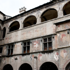 the internal structure of the Issogne Castle, the aisle of the internal garden, Issogne, Italy
