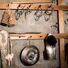 Issogne, Italy 31-08-2017: medieval weapon in a castle, Castello di Issogne, Italy