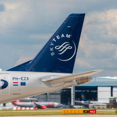 MANCHESTER, UNITED KINGDOM - AUG 07, 2015: KLM (Skyteam) Cityhopper Embraer ERJ-190 tail livery at Manchester Airport Aug 07 2015.