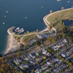 Aerial view of Kits Point, Maritime Museum and Vanier Park. Picture taken in Kitsilano, Vancouver city, BC, Canada.