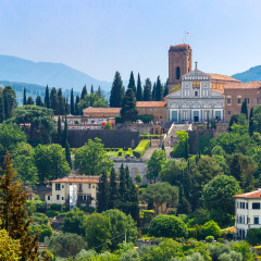 Basilica San Miniato al Monte on the south bank of the River Arno, at morning from Palazzo Vecchio in Florence, Tuscany, Italy