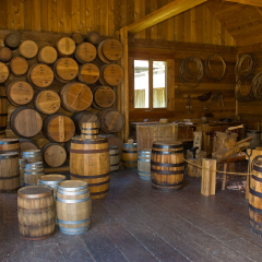 The cooperage at historic Fort Langley, British Columbia, showing barrels and barrel making equipment used for storage of dry goods