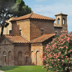 Italy, Ravenna, Mausoleum of Galla Placida with bell tower of church Santa Croce