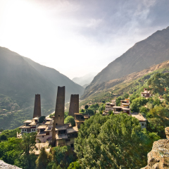 View of stone towers in tibetan village Suopo