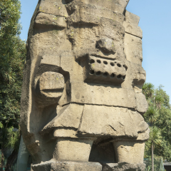 Tlaloc Statue (Aztec God of Rain) Colossal stone made Tlaloc representation placed in The National Museum of Anthropology in Mexico City.
