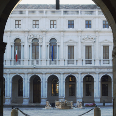 Foreshortening on Piazza Vecchia with the Palazzo Nuovo, seat of public library. Città Alta, Bergamo, Italy
