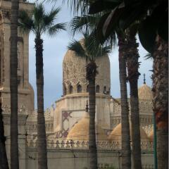photos with landscape background historic architectural Palace El-tin the Western harbor of Alexandria in Egypt in the morning mist, as the source for design and art print