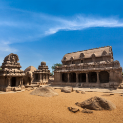 Five Rathas - ancient Hindu monolithic Indian rock-cut architecture. Mahabalipuram, Tamil Nadu, South India