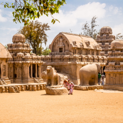 Ancient Hindu monolithic,  Pancha Rathas - Five Rathas, Mahabalipuram, Tamil Nadu, India