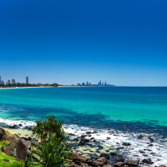 GOLD COAST, AUS - OCT 4 2015: Gold Coast skyline and surfing beach visible from Burleigh Heads, Queensland