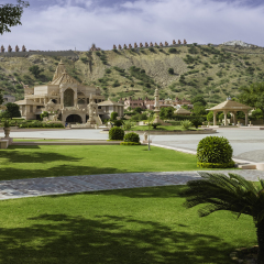 Ajmer, Rajasthan, India. The newly constructed Digambar Jain temple complex with Aravalli Hills and tirtankara monuments lining the peaks near Ajmer, Rajasthan, India.