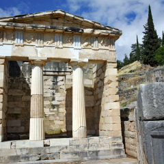Building of Treasury of Athens in Ancient Greek archaeological site of Delphi,Central Greece