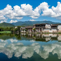 蓝天白云倒影中的美丽宏村南湖 景点模块
