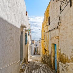 Picturesque small narrow street in Medina de Sousse, Tunisia, Africa
