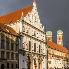 MUNICH, GERMANY - APRIL 1, 2015: St. Michael's Church and the Neuhauser street  in centre of Munich. Bavaria, Germany.