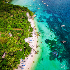 Aerial view of Boracay Island coastline, Western Visayas, Philippines.