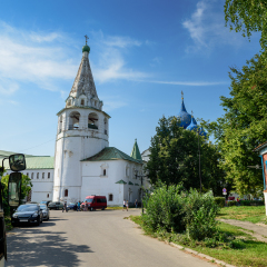 Belfry of Suzdal Kremlin as seen from the Lebedeva street. Suzdal, Vladimir region, Golden Ring, Russia.