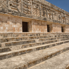 rich facade carvings at the prehispanic town of Uxmal , a Unesco World Heritage site