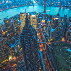 Shanghai Skyscraper at night, aerial view of high-rise buildings  in Pudong,Shanghai, China. Jin Mao Tower (one of China's tallest buildings) and Oriental Pearl Tower.