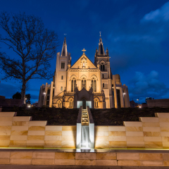 St Mary's Cathedral, Perth at night. Officially the Cathedral of the Immaculate Conception of the Blessed Virgin Mary, is the cathedral church of the Roman Catholic Archdiocese of Perth.
