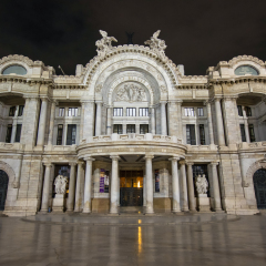 Palacio de Bellas Artes (Spanish for Palace of Fine Arts). Mexico City's main opera and theatre house as seen at night. A extravagant marble neoclassical structure inaugurated in 1934.
