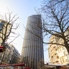 Montparnasse tower with the market stall in the foreground, Paris, France / wide angle view