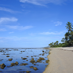 Landscape of a beach in the Coral Coast, Fiji. The coral coast is a home to many hotels and resorts on the island of Viti Levu, in Fiji.